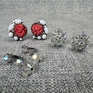 Vintage 50s 60s Clip On Earring Lot 3 Pairs Pink Rose AB Crystal Cluster Dangle